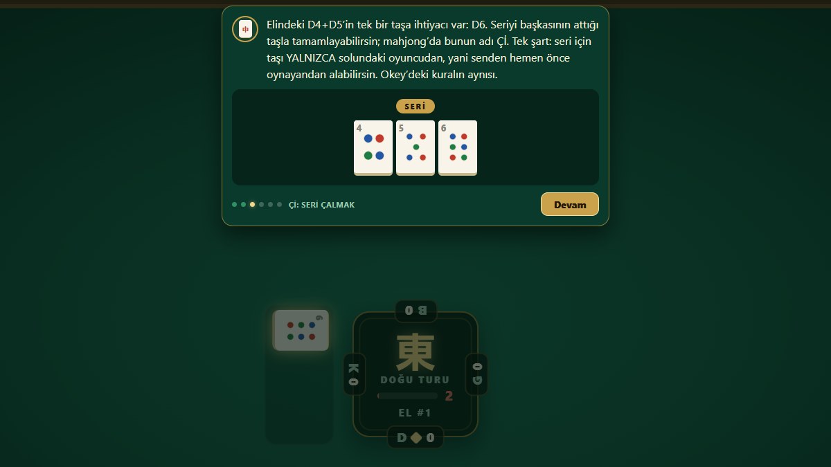 The tutorial teaching a run: the thrown tile lit up and the Chow button ready
