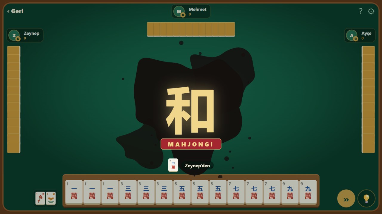 A won hand announced with an ink strike across the table